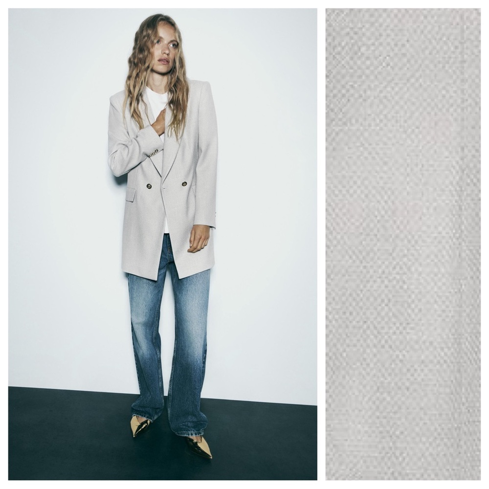 NWT. Zara Light Blue/Gray Viscose Blend Double-Breasted Long Blazer. Size S.